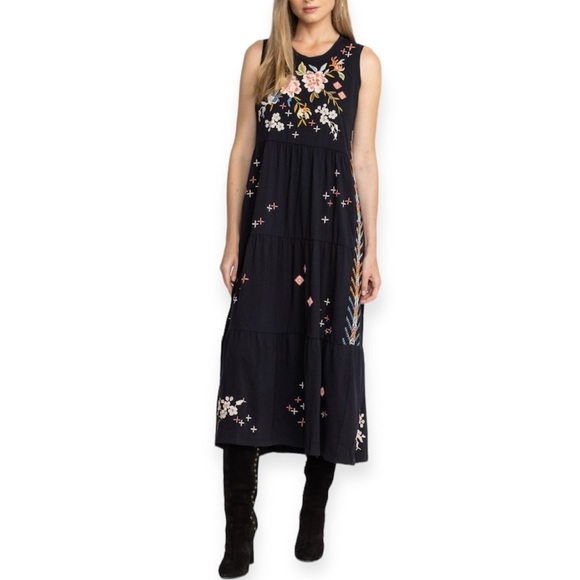 JOHNNY WAS Ceretti Dress Tiered Maxi Tank Dress Black Floral Embroidery NWT - Picture 6 of 10